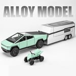 1/32 Tesla Cybertruck med Touring Car Rv Husvagn Diecast Leksaksmetall Miniatyrmodell Dra tillbaka Ljud Ljus Samling Present Pojke green