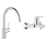 GROHE Mitigeur monocommande évier de cuisine Start Curve, chromé, 31554001 (Import Allemagne) & Mitigeur monocommande Bain Douche Start Flow, robinet à montage mural, raccord fileté