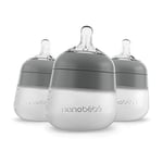 Nanobebe Flexy Silicone Baby Bottles, Anti-Colic, Natural Feel, Non-Collapsing Nipple, Non-Tip Stable Base, Easy to Clean 3-Pack, Gray, 150ml