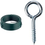 Merriway BH05777 Plastic Coated Garden Wire, 2.0 mm Diameter x 20 Metre (65 Foot), Green & ® BH01145 Zinc Plated Steel Screw In Eyes, 40 mm (1.1/2 inch) - Pack of 25