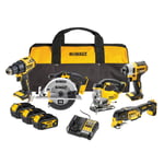 DEWALT 18V 5-PAKK, DRILL, SLAGTREKKER, SIRKELSAG, STIKKSAG, MULTIKUTTER, 3X4AH BATTERIER