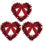 Red Valentine Heart Wreaths for Front Door Heart Shaped Wreath Tinsel Heart Decor with Bowknot 12 Inch Hanging Valentine's Day Wreath for Anniversary Wedding Wall Window Mantel (3 Pieces)