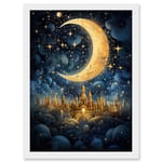 Artery8 Golden City in the Clouds Surreal Artwork Blue Gold Crescent Moon Starry Night Fairytale Artwork Framed A3 Wall Art Print