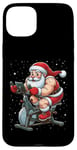 Coque pour iPhone 15 Plus Père Noël sur vélo d'appartement, gym, fitness, entraînement, Noël, neige