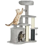 PawHut Arbre à Chat Arbre à Grimper pour Chat Centre d'activités Hauteur 87 cm à 3 Niveaux avec griffoirs, Niche, Plates-Formes, lit, Poteau chatouilleux, balles Jouets - Gris Clair