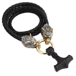 Men Viking Stainless Steel Thor's Hammer Necklace with Wolf Head Hand-Woven Leather Cord Chain, Nordic Celtic Odin Mjolnir Pendant Amulet,Black,Gold,60CM