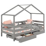 Lit cabane ENA lit enfant simple montessori 90 x 200 cm, avec 2 tiroirs de rangement, en pin massif lasuré gris