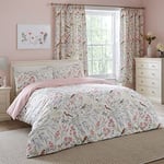 Dreams & Drapes - Pink Floral & Bird Duvet Cover - Super King Bedding Size (260 x 220cm) - Reversible (2 Designs) - 3 Pieces - Vintage Floral Bedding in Pink - Spring Garden Flower Duvet Cover