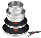 Jamie Oliver by Tefal L9769632 Ingenio Set de 5 pièces en acier inoxydable avec 1 poignée amovible, 2 poêles et 2 casseroles à induction Passe au four Gain de place