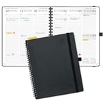 POPRUN Agenda 2025 Semainier 26,5 x 21,5 cm D'août 2024 à déc 2025, Planner Vertical Scolaire 17 Mois avec Couverture Souple Spirale, Règle et signet, Papier Certifié FSC®80 g/m² - Noir