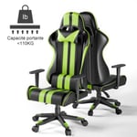 Chaise gaming - Chaise de bureau - Fauteuil Gamer Réglable avec Appui-tête et Oreiller lombaires, Dossier 135°Inclinable, Vert