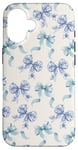 Coque pour iPhone 16 Charmant ruban en toile bleue et blanche avec nœuds en forme de fleur