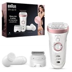 Braun Silk-�pil 9 Epilator Hair Removal, Includes Facial Cleansing Brush High Frequency Massage Cap Shaver and Trimmer Head, Cordless, Wet & Dry, 100% Waterproof, UK 2 Pin Plug, 9-880, White/Pink