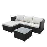 COZYBRITE Garden Corner Sofa Rattan Furniture Set 4 Seater Patio Outdoor Lounge Settee with Glass Coffee Table & Cover All-weather SFS066 (Black Rattan+Grey Cushion)