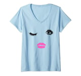 Womens Cute winking Eye Lashes Fashion Face Lips and Eyelashes V-Neck T-Shirt