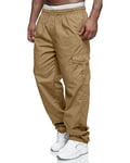 VANVENE Mens Cargo Work Trousers Lightweight Cotton Casual Jogger Elastic Waist Drawstring Outdoor Pants with Pockets Khaki