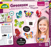 Lena 42707 - Set de moulage en plâtre pour 15 aimants papillons pailletés, moule pour figurines en plâtre avec 6 moules, plâtre, peinture, pinceau, paillettes et bandes magnétiques, dès 6 ans