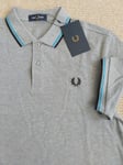 M Genuine FRED PERRY Steel Grey Cyan POLO SHIRT Pique Mens 100% Cotton M3600