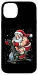 Coque pour iPhone 14 Plus Père Noël sur vélo d'appartement, gym, fitness, entraînement, Noël, neige