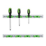 Relaxdays Porte-Outils Mural, Lot de 2, accroche-Balai, Outils de Jardin, 4 Pinces & 7 Crochets, Aluminium, argenté/Vert