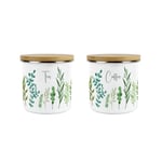 Green Leaves Tea & Coffee Canisters Set - Kitchen Medium Enamel Jars Gift