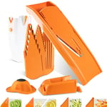 Börner Mandoline V1 (Set Professionnel) • Coupe Légumes + 4 Inserts, Porte-fruits, Station d'accueil, Boîte de Rangement • Mandoline Réglable • Tranches, Juliennes, Dés (Orange)