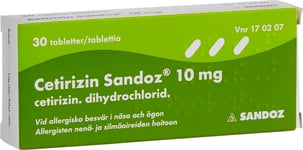 Cetirizin Sandoz, filmdragerad tablett 10 mg 30 styck