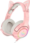 Casque De Jeu Rose Avec Oreilles De Chat Amovibles, Convient Pour Ps4, Ps5, Xbox One (Sans Adaptateur), Pc, Son Surround, Lumière Led Rvb Et Microphone Télescopique À Annulation De Bruit