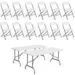 Lot de 2 tables de réception pliables en plastique blanc 180cm + 12 chaises d'appoint. table de camping - Blanc