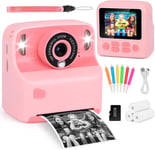 Appareil Photo Instantané,2.4"" Écran Appareil Photo Numérique Enfant,Caméra Vidéo Avec Papier D'Impression Et Carte 32Gb Stylos Colorés,Noël Anniversaire Cadeau Pour Enfant 3-10 Ans (Rose)