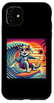 Coque pour iPhone 11 Chat amusant surfeur hawaïen coucher de soleil tropical paradis surfeur