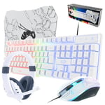 White Gaming Keyboard and Mouse and Gaming Headset & Mouse Pad, Wired LED RGB Backlight Bundle for PC Gamers Users - 4 in 1 White Edition Hornet RX-250