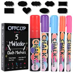 OFFCUP Marqueur Craie Liquide, 5pcs Feutre Craie Effacable Muticolor, Marqueurs à Craie Pointe 1/3/6/10/15 mm avec 58 Etiquettes pour Tableau Noir Vitres, Verre, Bistro, Enseignes