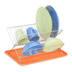 Relaxdays Dish Drainer with Drip Tray, Folding Drying Rack, Metal & Plastic, HxWxD 24 x 42 x 32 cm, Orange, Iron