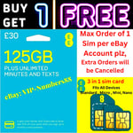 EE Sim Card Pay As You Go £30 Pack 125GB Data Unlimited Mini Micro&Nano PAYG