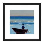 Fisherman Fishing in Small Boat Sunny Day Seascape Oil Painting Square Wooden Framed Wall Art Print Picture 8X8 Inch