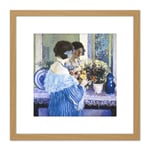 Frieseke Girl Blue Arranging Flowers Painting 8X8 Inch Square Wooden Framed Wall Art Print Picture with Mount