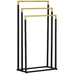 kleankin Porte-Serviettes en Bambou et Acier sur Pieds avec 3 Barres Support pour Serviette 45 x 22,5 x 86 cm - Noir et Naturel