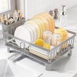 LIONONLY Dish Drainer Rack with Drip Tray,Detachable Dish Drying Rack for Kitchen,Stainless Steel Draining Board Rack with Utensil Holder,Swivel Drainage Spout,Kitchen Sink Drainer Rack