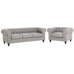 Ensemble Canapé et Fauteuil en Tissu Gris Clair Dossier à Points Diamant Chesterfield