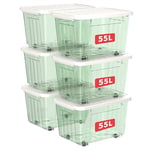 Cetomo Lot de 6 boîtes de rangement en plastique de 55 l x 6 cm, vert clair, boîte de rangement avec couvercle durable et boucles de verrouillage sécurisées, empilables et emboîtables, avec boucle