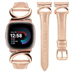 TOYOUTHS Leather Strap Compatible with Fitbit Versa 4/Versa 3/Sense 2/Sense Women Slim Thin Dressy Elegant Premium Leather Strap with C-Shaped Metal Buckle for Versa 4 Sense 2, Rose Gold/Rose Gold