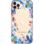 Coque Iphone 12 PRO MAX fleur cadre bleu personnalisee