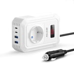 BESTEK Convertisseur 12v 220v 230v 240v 200W Prise Allume Cigare Transformateur de Tension,4 Ports USB et 1 Prises EU, Chargeur Voiture Camping Car avec Multi Protections (Blanc)