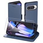 Aiziki Coque pour Google Pixel 9 Pro XL, Flip Case+1 Verre trempé，Etui Protection Housse Premium en Cuir PU, [Pochette de Portefeuille] [Fermeture Magnétique] [Etui à Rabat]- Bleu