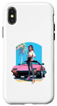 Coque pour iPhone X/XS Fille de style anime et manga devant une voiture de sport rose