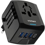 VOOMY Adaptateur Universel de Voyage pour 170+ Pays, International Prise Universelle avec 3 USB-A et 1 USB-C, Adapteur Voyage pour USA UK Australie Japon Italie Chine