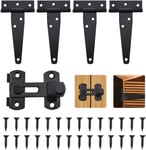 5 PCS Charnière de Porte en T en Fer Galvanisé Charnière Porte de Grange Robuste avec Loquet de Porte en Acier Inoxydable et 28 Vis Charnières pour Portes en Bois Fenêtres, Tiroirs(Noir)