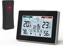 Station Météo Thermomètre Hygromètre Intérieur Extérieur Sans Fil Avec Capteur Led Ecran Tactile,Horloge Numérique Moniteur Température Humidité Support 3 Canaux D'Émetteur Noir