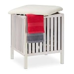 relaxdays Panier à Linge avec siège, Tabouret de Salle de Bain, Style Rustique, 40l, Bois/Tissu, 53 x 41 x 41 cm, Blanc